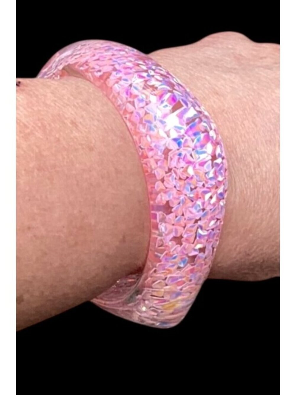 Chunky Squared Lucite Bangle Bracelet Clear with Encased Pink Holo Glitter